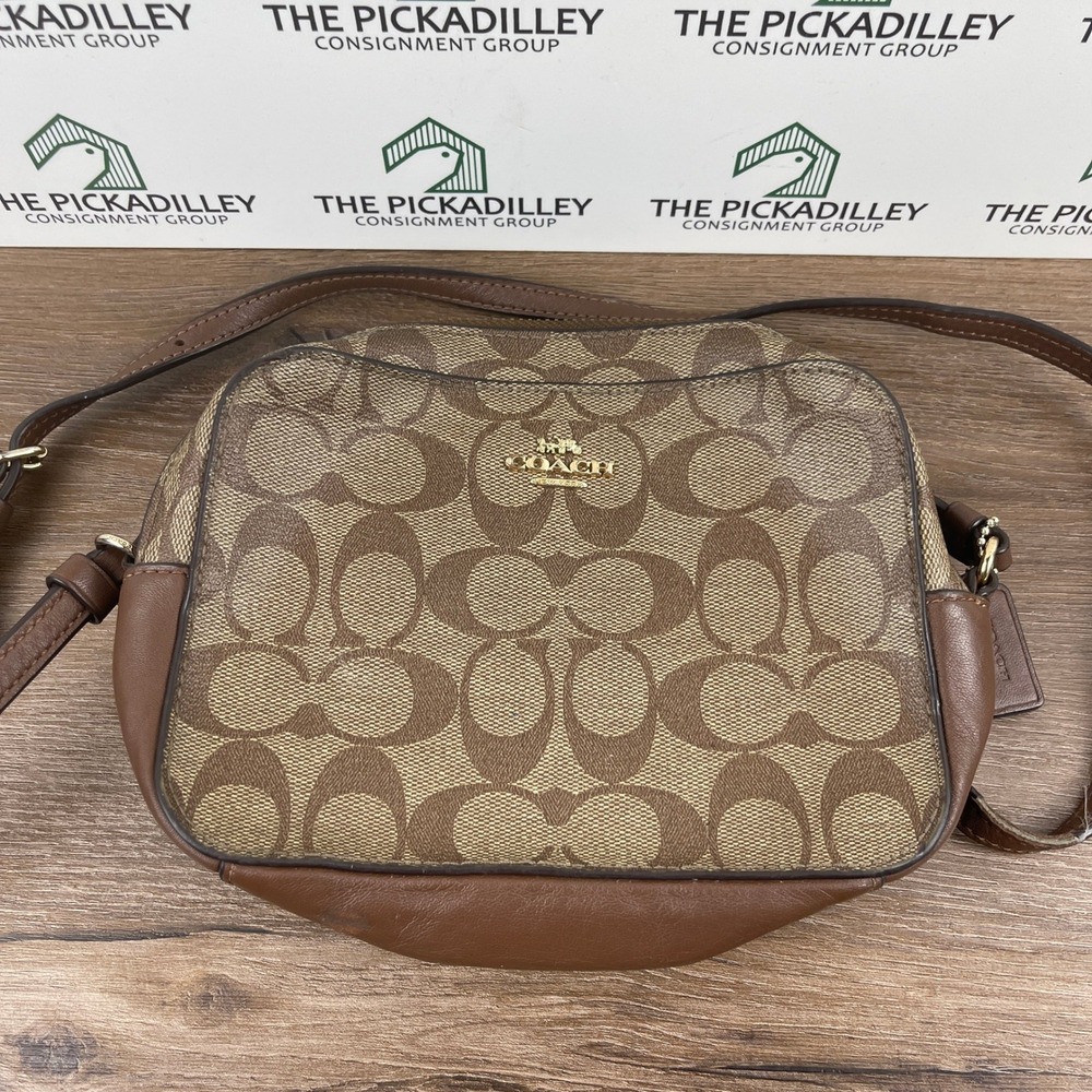 Coach Signature Monogram Canvas Leather Trim‎ Crossbody Bag Brown Gold